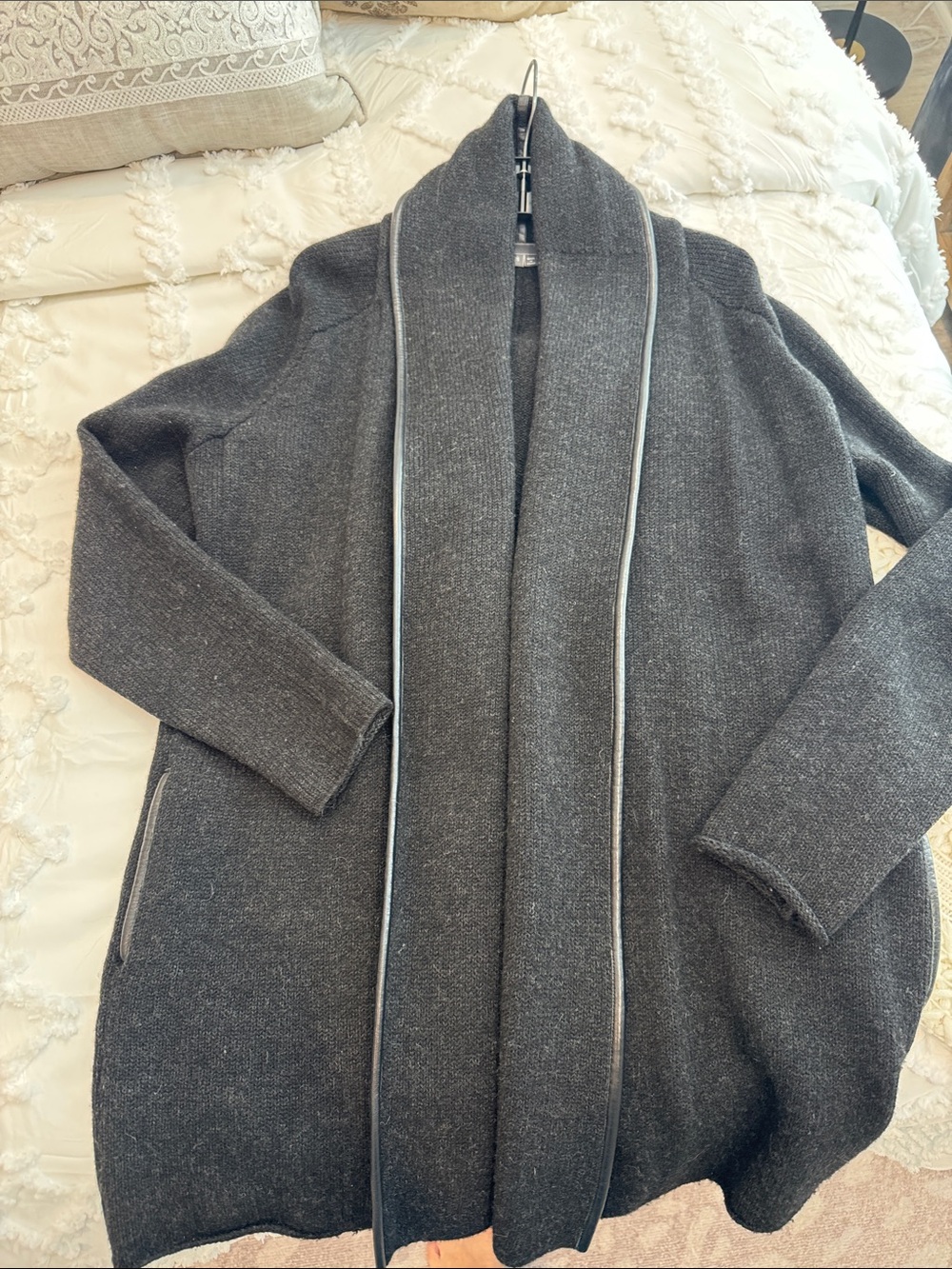 Vince Cozy Open-Front Shawl Collar Cardigan - Dark Gray with black leather trim